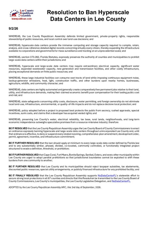 Resolution to Ban Hyperscale Data Centers in Lee County as Adopted